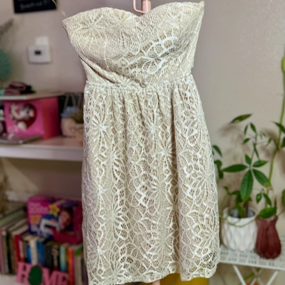 Beige Strapless Dress with White Lace Overlay (Size Small)